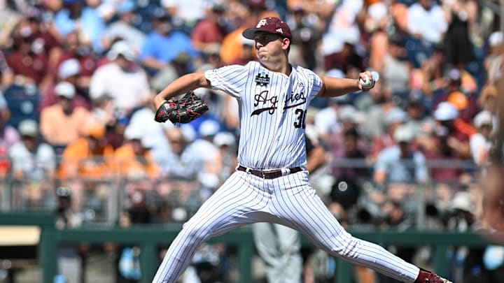 Jun 23, 2024; Omaha, NE, USA;  Texas A&M Aggies pitcher Kaiden Wilson (30) throws against the Tennessee Volunteers during the seventh inning at Charles Schwab Field Omaha. Mandatory Credit: Steven Branscombe-Imagn Images