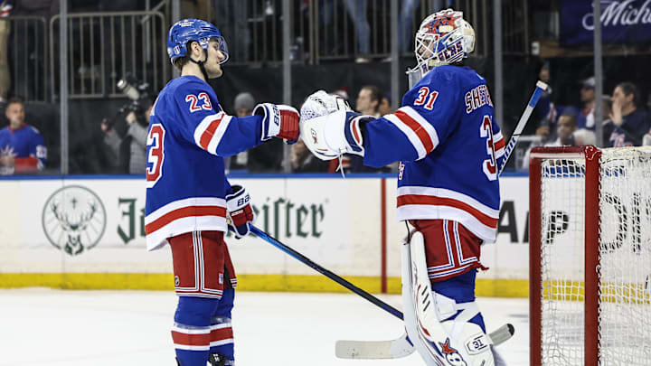 Apr 21, 2024; New York, New York, USA; New York Rangers defenseman Adam Fox (23) and goaltender Igor Shesterkin (31) congratulate each other after defeating the Washington Capitals 4-1 in game one of the first round of the 2024 Stanley Cup Playoffs at Madison Square Garden. Mandatory Credit: Wendell Cruz-Imagn Images Apr 21, 2024; New York, New York, USA; New York Rangers defenseman Adam Fox (23) and goaltender Igor Shesterkin (31) congratulate each other after defeating the Washington Capitals 4-1 in game one of the first round of the 2024 Stanley Cup Playoffs at Madison Square Garden. Mandatory Credit: Wendell Cruz-Imagn Images