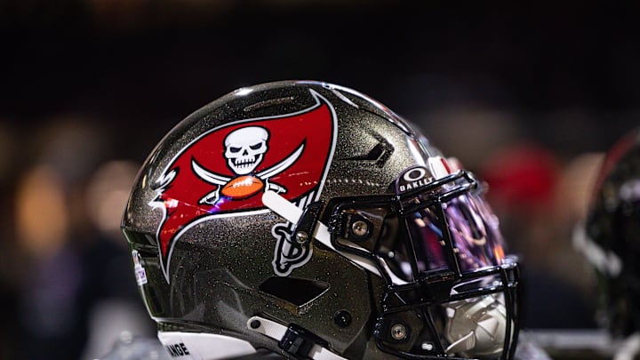 Oct 13, 2024; New Orleans, Louisiana, USA;  Detailed view of the Tampa Bay Buccaneers helmet against the New Orleans Saints during the first half at Caesars Superdome. Mandatory Credit: Stephen Lew-Imagn Images