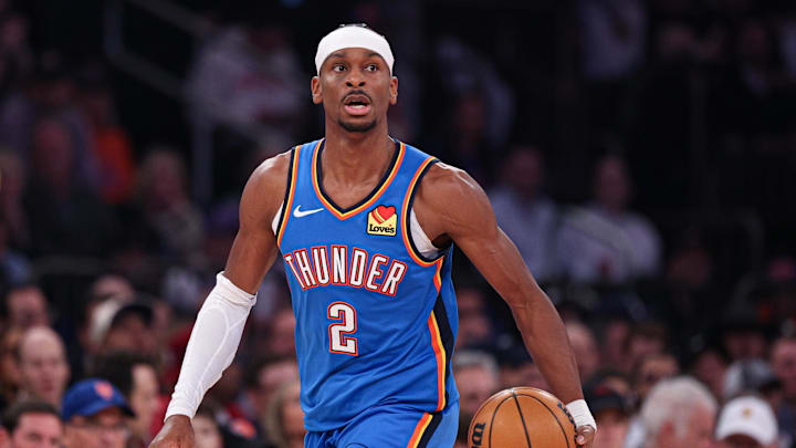Mar 4, 2026; New York, New York, USA; Oklahoma City Thunder guard Shai Gilgeous-Alexander (2) dribbles up court against the New York Knicks during the first half at Madison Square Garden. Mandatory Credit: Vincent Carchietta-Imagn Images