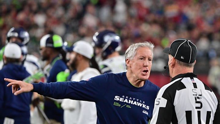 Jan 7, 2024; Glendale, Arizona, USA; Seattle Seahawks head coach Pete Carroll reacts in the second half against the Arizona Cardinals at State Farm Stadium. Mandatory Credit: Matt Kartozian-Imagn Images Jan 7, 2024; Glendale, Arizona, USA; Seattle Seahawks head coach Pete Carroll reacts in the second half against the Arizona Cardinals at State Farm Stadium. Mandatory Credit: Matt Kartozian-Imagn Images