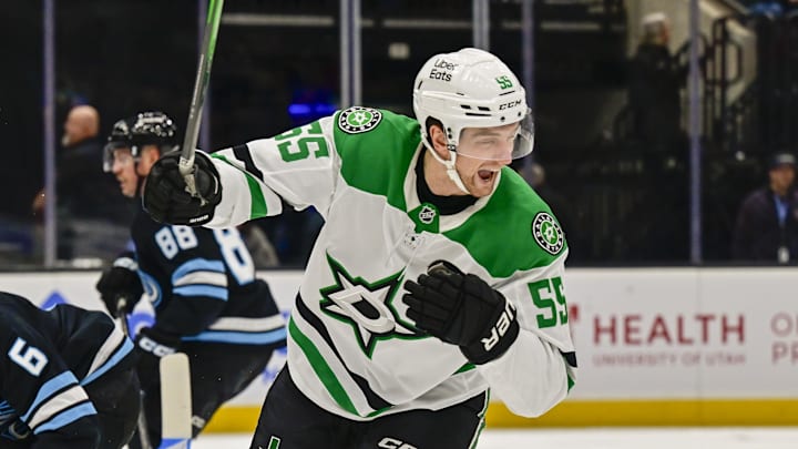 Jan 31, 2026; Salt Lake City, Utah, USA; Dallas Stars defenseman Thomas Harley (55) celebrates after a goal during first period against the Utah Mammoth at Delta Center. Mandatory Credit: Peter Creveling-Imagn Images Jan 31, 2026; Salt Lake City, Utah, USA; Dallas Stars defenseman Thomas Harley (55) celebrates after a goal during first period against the Utah Mammoth at Delta Center. Mandatory Credit: Peter Creveling-Imagn Images