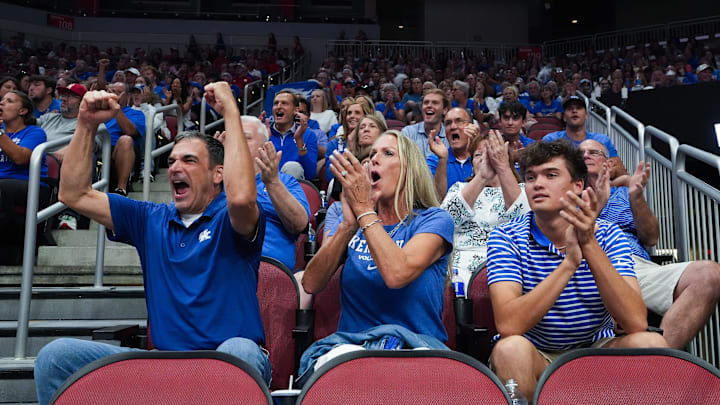 Kentucky volleyball and Nebraska volleyball fans cheered on their team during the AVCA First Serve Showcase at the KFC Yum! Center in Louisville, Ky. on Aug. 27, 2024
