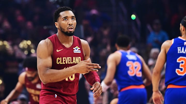 Apr 2, 2025; Cleveland, Ohio, USA; Cleveland Cavaliers guard Donovan Mitchell (45) celebrates after hitting a three point basket during the first quarter against the New York Knicks at Rocket Arena. Mandatory Credit: Ken Blaze-Imagn Images Apr 2, 2025; Cleveland, Ohio, USA; Cleveland Cavaliers guard Donovan Mitchell (45) celebrates after hitting a three point basket during the first quarter against the New York Knicks at Rocket Arena. Mandatory Credit: Ken Blaze-Imagn Images