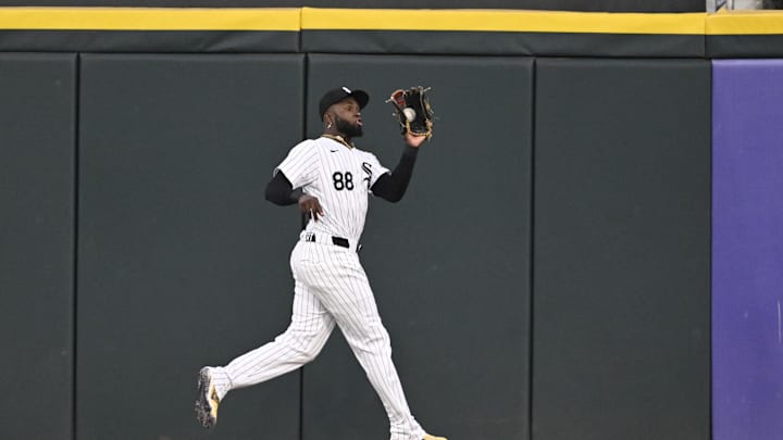 Sep 13, 2024; Chicago, Illinois, USA;  Chicago White Sox outfielder Luis Robert Jr. (88) catches a fly ball hit by Oakland Athletics outfielder Brent Rooker (not pictured) during the first inning at Guaranteed Rate Field. Mandatory Credit: Matt Marton-Imagn Images