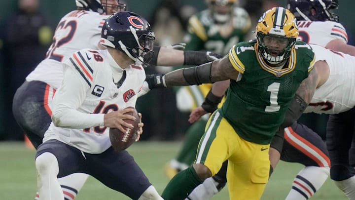 Green Bay Packers defensive end Micah Parsons (1) pressures Chicago Bears quarterback Caleb Williams. Green Bay Packers defensive end Micah Parsons (1) pressures Chicago Bears quarterback Caleb Williams.