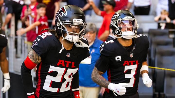 Dec 21, 2025; Glendale, Arizona, USA; Atlanta Falcons cornerback Mike Ford Jr (28) and safety Jessie Bates III (3) against the Arizona Cardinals at State Farm Stadium. Mandatory Credit: Mark J. Rebilas-Imagn Images Dec 21, 2025; Glendale, Arizona, USA; Atlanta Falcons cornerback Mike Ford Jr (28) and safety Jessie Bates III (3) against the Arizona Cardinals at State Farm Stadium. Mandatory Credit: Mark J. Rebilas-Imagn Images