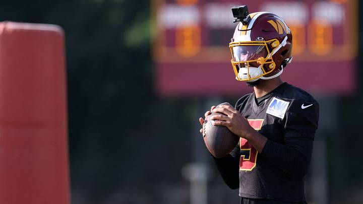 Jul 29, 2026; Ashburn, VA, USA; Washington Commanders quarterback Jayden Daniels (5) prepares to pass a ball during a drill on day one of training camp at BigBear.ai Performance Center at Commanders Park. Mandatory Credit: Geoff Burke-Imagn Images Jul 29, 2026; Ashburn, VA, USA; Washington Commanders quarterback Jayden Daniels (5) prepares to pass a ball during a drill on day one of training camp at BigBear.ai Performance Center at Commanders Park. Mandatory Credit: Geoff Burke-Imagn Images