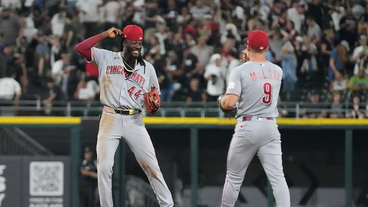 Aug 11, 2026; Chicago, Illinois, USA; Cincinnati Reds shortstop Elly de la Cruz (44) and second baseman Matt McLain (9) celebrate their win against the Chicago White Sox at Rate Field. Mandatory Credit: David Banks-Imagn Images Aug 11, 2026; Chicago, Illinois, USA; Cincinnati Reds shortstop Elly de la Cruz (44) and second baseman Matt McLain (9) celebrate their win against the Chicago White Sox at Rate Field. Mandatory Credit: David Banks-Imagn Images
