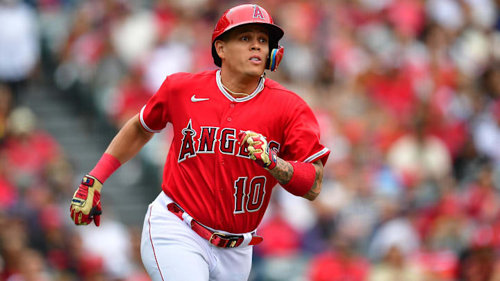 May 28, 2023; Anaheim, California, USA; Los Angeles Angels third baseman Gio Urshela (10) runs after