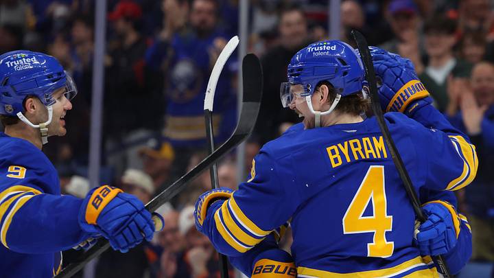 Mar 31, 2026; Buffalo, New York, USA; Buffalo Sabres defenseman Bowen Byram (4) celebrates his goal with teammates during the third period against the New York Islanders at KeyBank Center. Mandatory Credit: Timothy T. Ludwig-Imagn Images Mar 31, 2026; Buffalo, New York, USA; Buffalo Sabres defenseman Bowen Byram (4) celebrates his goal with teammates during the third period against the New York Islanders at KeyBank Center. Mandatory Credit: Timothy T. Ludwig-Imagn Images