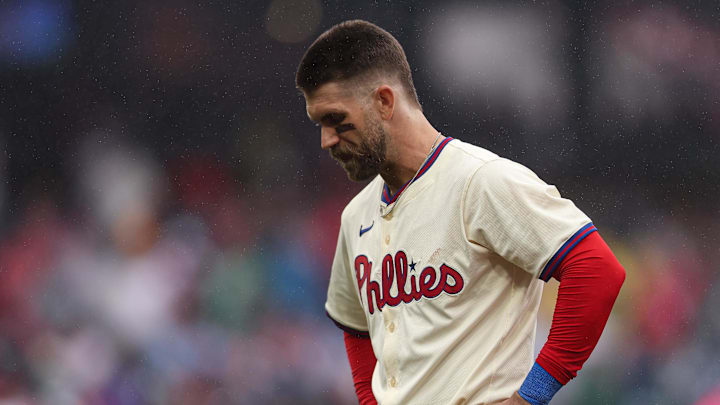 May 14, 2025; Philadelphia, Pennsylvania, USA; Philadelphia Phillies first base Bryce Harper (3) looks on after his RBI single against the St. Louis Cardinals during the seventh inning at Citizens Bank Park. Mandatory Credit: Bill Streicher-Imagn Images