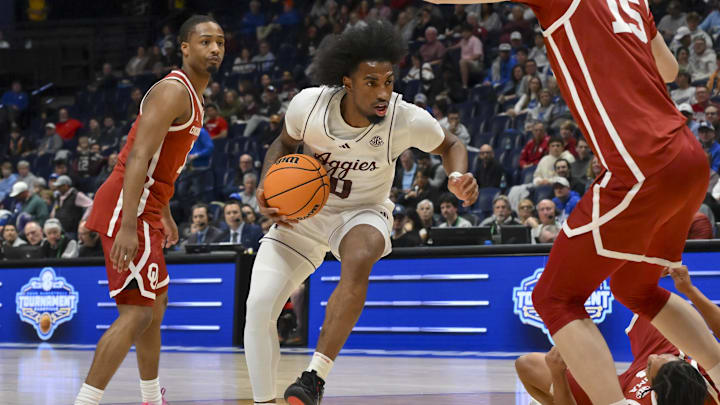 Texas A&M Aggies guard Marcus Hill drives to the basket against the Oklahoma Sooners during the first half at Bridgestone Arena.