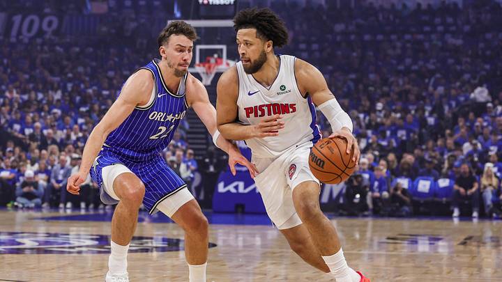 Apr 27, 2026; Orlando, Florida, USA; Detroit Pistons guard Cade Cunningham (2) drives around Orlando Magic forward Franz Wagner (22) during the first quarter during game four of the first round of the 2026 NBA Playoffs at Kia Center. Mandatory Credit: Mike Watters-Imagn Images