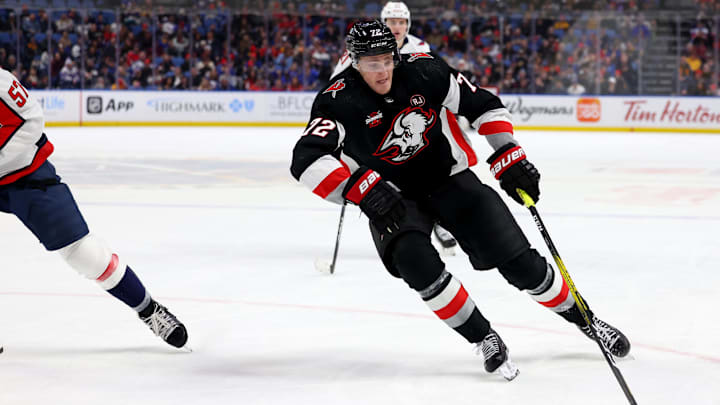 Apr 2, 2024; Buffalo, New York, USA;  Buffalo Sabres right wing Tage Thompson (72) skates with the puck during the second period against the Washington Capitals at KeyBank Center. Mandatory Credit: Timothy T. Ludwig-Imagn Images