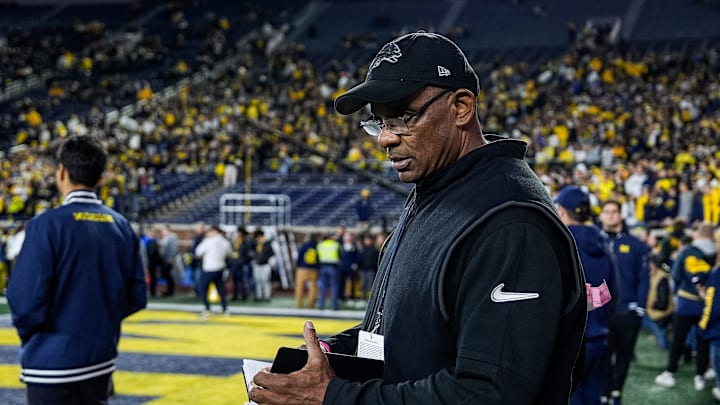 Detroit Lions assistant general manager Ray Agnew watches Michigan warm up before Michigan State game at Michigan Stadium in Ann Arbor on Saturday, Oct. 26, 2024. Detroit Lions assistant general manager Ray Agnew watches Michigan warm up before Michigan State game at Michigan Stadium in Ann Arbor on Saturday, Oct. 26, 2024.
