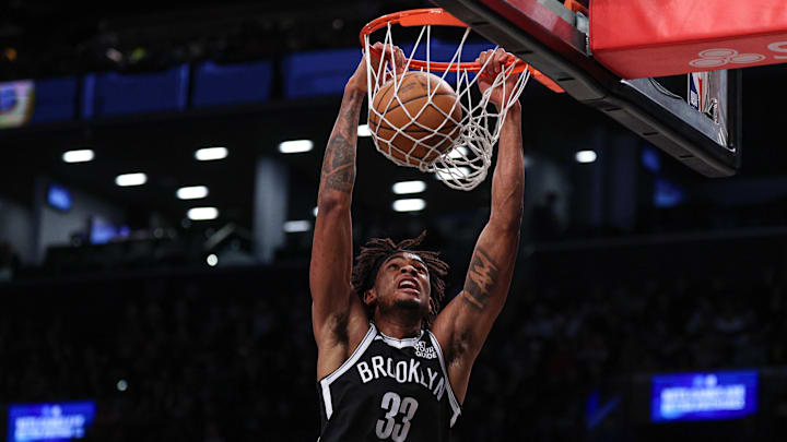 Mar 16, 2025; Brooklyn, New York, USA; Brooklyn Nets center Nic Claxton (33) dunks the ball during the second half against the Atlanta Hawks at Barclays Center. Mandatory Credit: Vincent Carchietta-Imagn Images Mar 16, 2025; Brooklyn, New York, USA; Brooklyn Nets center Nic Claxton (33) dunks the ball during the second half against the Atlanta Hawks at Barclays Center. Mandatory Credit: Vincent Carchietta-Imagn Images