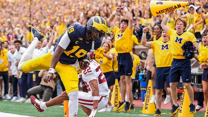Michigan quarterback Bryce Underwood (19) runs into the end zone for a touchdown against Oklahoma during the first half at Michigan Stadium in Ann Arbor on Saturday, Sept. 12, 2026.