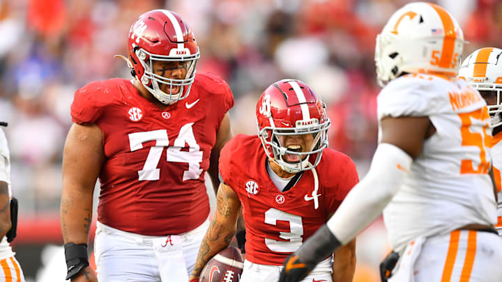 Alabama wide receiver Jermaine Burton (3) and offensive lineman Kadyn Proctor (74) celebrating after a play during an NCAA college football game between Tennessee and Alabama at Bryant-Denny Stadium in Tuscaloosa, Ala., on Saturday, Oct. 21, 2023.