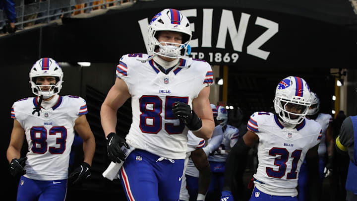 Nov 30, 2025; Pittsburgh, Pennsylvania, USA;  Buffalo Bills tight end Keleki Latu (83) and tight end Jackson Hawes (85) and cornerback Maxwell Hairston (31) take the field to play the Pittsburgh Steelers at Acrisure Stadium. Mandatory Credit: Charles LeClaire-Imagn Images