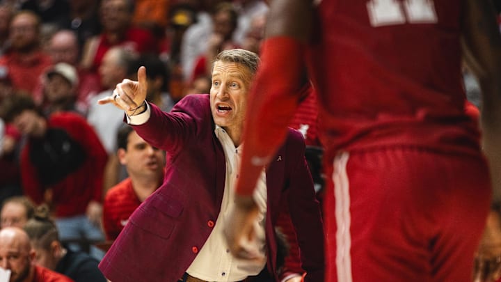 Feb 15, 2025; Tuscaloosa, Alabama, USA; Alabama Crimson Tide head coach Nate Oats directs his team against the Auburn Tigers during the first half at Coleman Coliseum