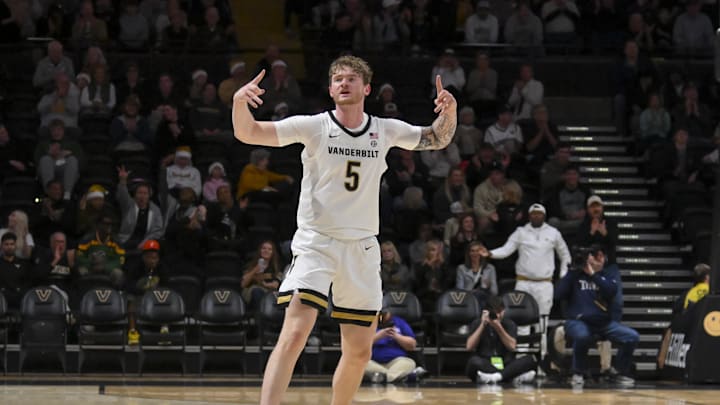 Dec 13, 2025; Nashville, Tennessee, USA; Vanderbilt Commodores forward Tyler Nickel (5) reacts after a made three point basket against the Central Arkansas Bears during the first half at Memorial Gymnasium. Mandatory Credit: Steve Roberts-Imagn Images Dec 13, 2025; Nashville, Tennessee, USA; Vanderbilt Commodores forward Tyler Nickel (5) reacts after a made three point basket against the Central Arkansas Bears during the first half at Memorial Gymnasium. Mandatory Credit: Steve Roberts-Imagn Images
