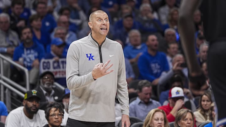 Nov 12, 2024; Atlanta, Georgia, USA; Kentucky Wildcats head coach Mark Pope reacts on the sideline against the Duke Blue Devils during the second half at State Farm Arena. Mandatory Credit: Dale Zanine-Imagn Images