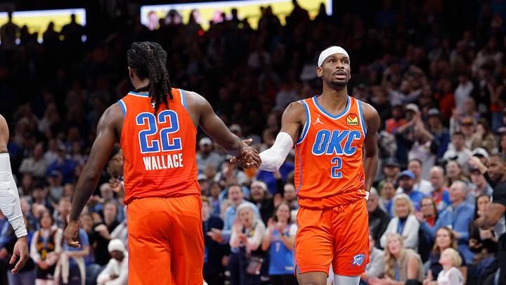 Nov 26, 2025; Oklahoma City, Oklahoma, USA; Oklahoma City Thunder guard Shai Gilgeous-Alexander (2) high fives Oklahoma City Thunder guard Cason Wallace (22) after a play against the Minnesota Timberwolves during the second half at Paycom Center. Mandatory Credit: Alonzo Adams-Imagn Images Nov 26, 2025; Oklahoma City, Oklahoma, USA; Oklahoma City Thunder guard Shai Gilgeous-Alexander (2) high fives Oklahoma City Thunder guard Cason Wallace (22) after a play against the Minnesota Timberwolves during the second half at Paycom Center. Mandatory Credit: Alonzo Adams-Imagn Images