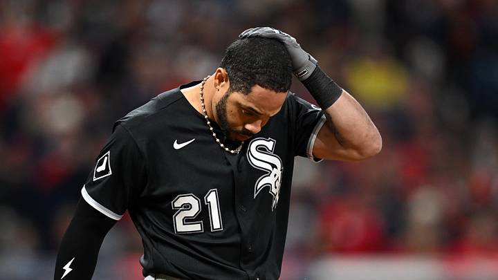 Oct 5, 2026; Cleveland, Ohio, USA;  Chicago White Sox designated hitter Tommy Pham (21) reacts after flying out in the sixth inning against the Cleveland Guardians in game two of the ALDS for the 2026 MLB Playoffs at Progressive Field.  Mandatory Credit: David Dermer-Imagn Images