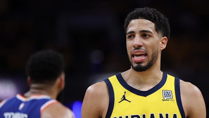 May 31, 2025; Indianapolis, Indiana, USA; Indiana Pacers guard Tyrese Haliburton (0) looks on in the third quarter during game six of the eastern conference finals against the New York Knicks for the 2025 NBA Playoffs at Gainbridge Fieldhouse. Mandatory Credit: Trevor Ruszkowski-Imagn Images