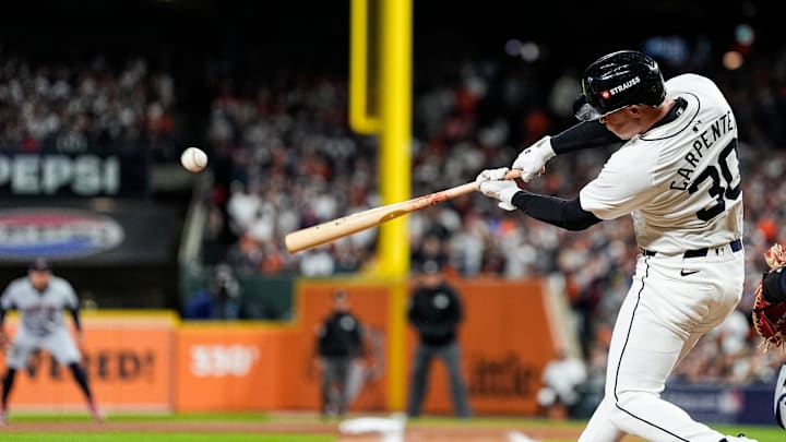 Detroit Tigers designated hitter Kerry Carpenter (30) bats against Cleveland Guardians during the sixth inning at Game 4 of ALDS at Comerica Park in Detroit on Thursday, Oct. 10, 2024.