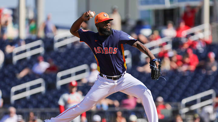Feb 25, 2024; West Palm Beach, Florida, USA; Houston Astros pitcher Wander Suero (48) delivers a pitch against the St. Louis Cardinals during the sixth inning at CACTI Park of the Palm Beaches. Mandatory Credit: Sam Navarro-Imagn Images Feb 25, 2024; West Palm Beach, Florida, USA; Houston Astros pitcher Wander Suero (48) delivers a pitch against the St. Louis Cardinals during the sixth inning at CACTI Park of the Palm Beaches. Mandatory Credit: Sam Navarro-Imagn Images