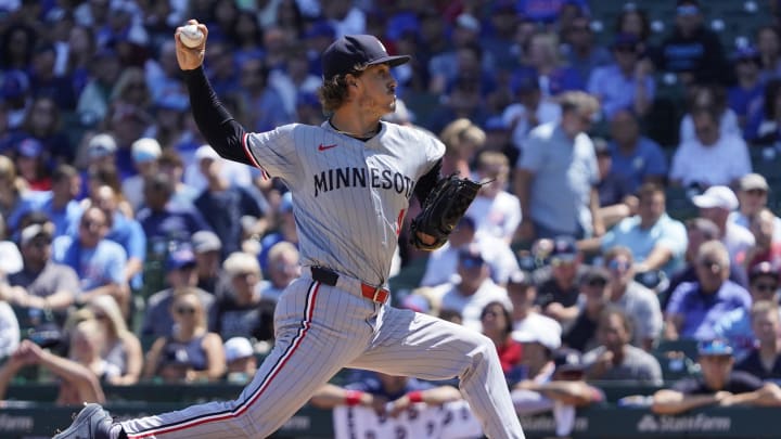 Minnesota Twins pitcher Joe Ryan (41) throws against the Chicago Cubs during the first inning at Wrigley Field in Chicago on Aug. 7, 2024. Minnesota Twins pitcher Joe Ryan (41) throws against the Chicago Cubs during the first inning at Wrigley Field in Chicago on Aug. 7, 2024.