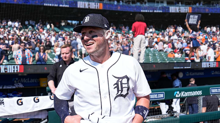 Detroit Tigers first baseman Spencer Torkelson celebrates a walk-off home run. 