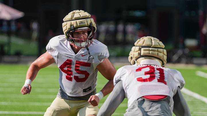 The Florida State Seminole Noah LaVallee (45) puts in work on the field with the first home game just a few weeks away, Thursday, Aug. 13, 2026.