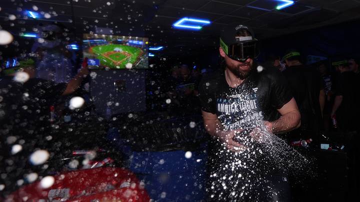 Oct 19, 2026; St. Petersburg, Florida, USA; Tampa Bay Rays outfielder Ryan Vilade (26) reacts in the locker room after defeating the Cleveland Guardians to advance to the World Series in game six of the ALCS for the 2026 MLB Playoffs at Tropicana Field. Mandatory Credit: Kim Klement Neitzel-Imagn Images Oct 19, 2026; St. Petersburg, Florida, USA; Tampa Bay Rays outfielder Ryan Vilade (26) reacts in the locker room after defeating the Cleveland Guardians to advance to the World Series in game six of the ALCS for the 2026 MLB Playoffs at Tropicana Field. Mandatory Credit: Kim Klement Neitzel-Imagn Images