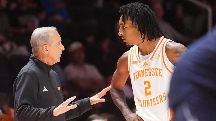 Tennessee basketball coach Rick Barnes talks with guard Juke Harris (2) during a college basketball exhibition game against Xavier on Oct. 15, 2026, in Knoxville, Tennessee. Tennessee basketball coach Rick Barnes talks with guard Juke Harris (2) during a college basketball exhibition game against Xavier on Oct. 15, 2026, in Knoxville, Tennessee.