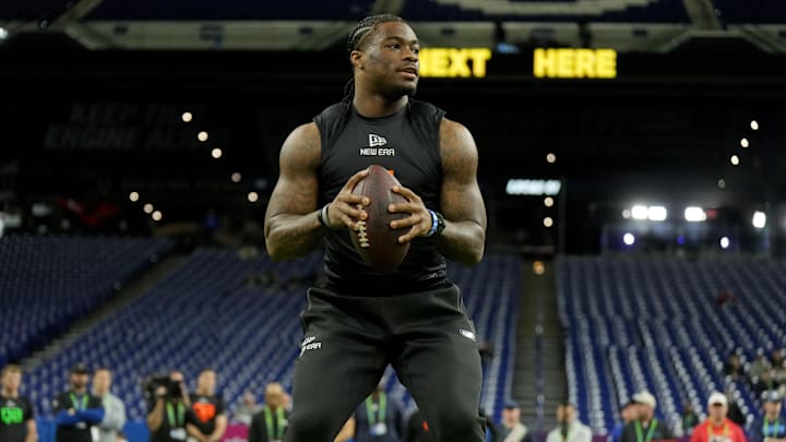 Mar 1, 2025; Indianapolis, IN, USA; Alabama quarterback Jalen Milroe (QB11) during the 2025 NFL Combine at Lucas Oil Stadium.
