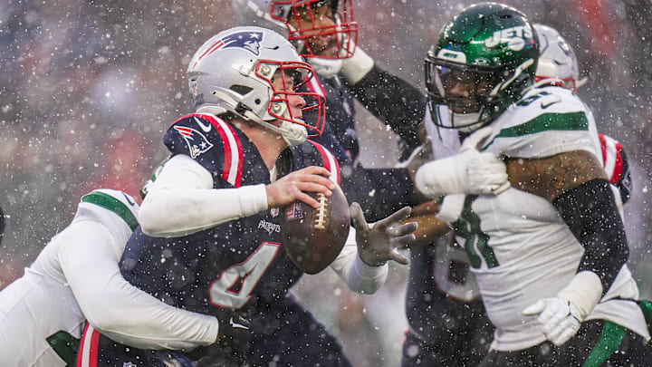 Jan 7, 2024; Foxborough, Massachusetts, USA; New England Patriots quarterback Bailey Zappe (4) is