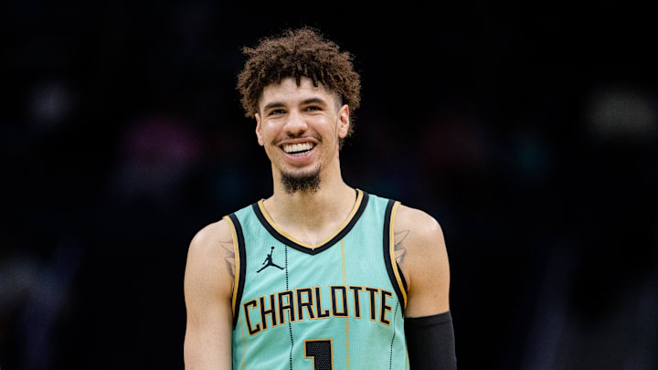 Jan 25, 2025; Charlotte, North Carolina, USA; Charlotte Hornets guard LaMelo Ball (1) reacts during the second quarter against the New Orleans Pelicans at Spectrum Center. Mandatory Credit: Scott Kinser-Imagn Images