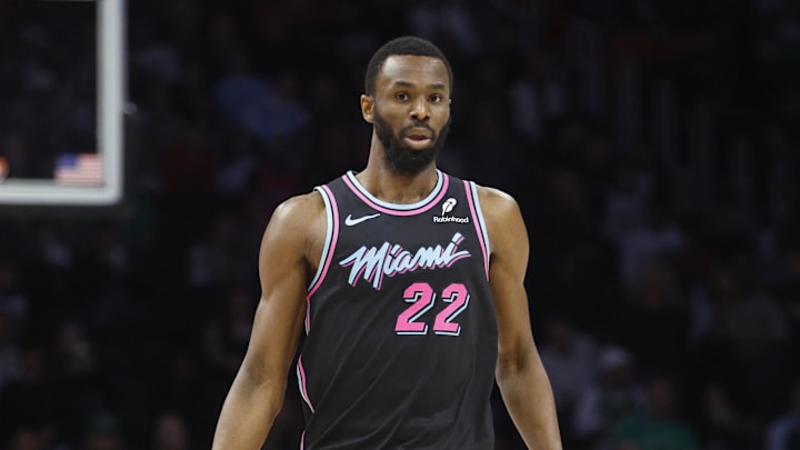 Jan 15, 2026; Miami, Florida, USA; Miami Heat forward Andrew Wiggins (22) brings the ball up court against the Boston Celtics during the first half at Kaseya Center. 