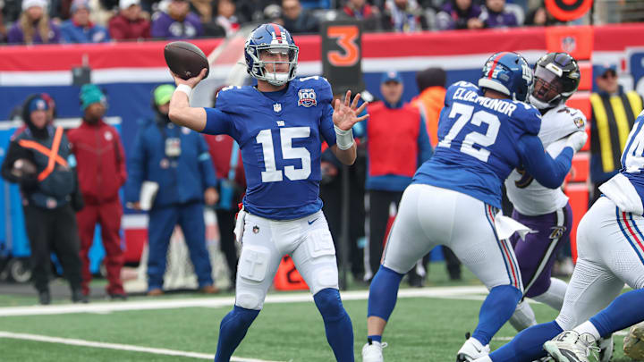 Dec 15, 2024; East Rutherford, New Jersey, USA; New York Giants quarterback Tommy DeVito (15) passes the ball during the first quarter against the Baltimore Ravens at MetLife Stadium. Dec 15, 2024; East Rutherford, New Jersey, USA; New York Giants quarterback Tommy DeVito (15) passes the ball during the first quarter against the Baltimore Ravens at MetLife Stadium.