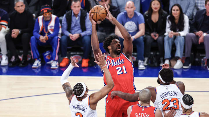 Apr 20, 2024; New York, New York, USA; Philadelphia 76ers center Joel Embiid (21) grabs a rebound in