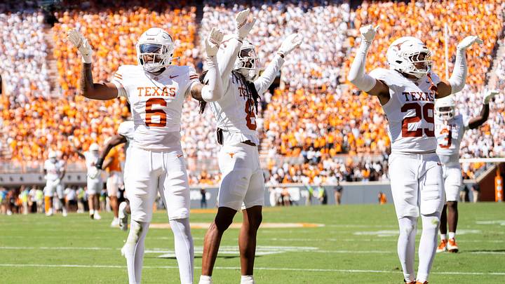 Texas defenders shush the Tennessee student section. Mandatory Credit: Brianna Paciorka-USA TODAY Network via Imagn Images Texas defenders shush the Tennessee student section. Mandatory Credit: Brianna Paciorka-USA TODAY Network via Imagn Images