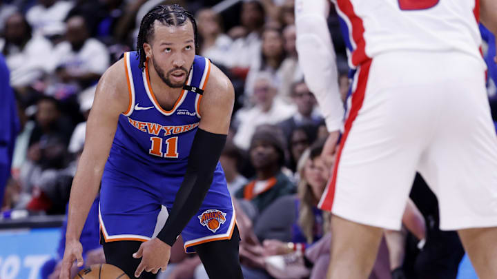 May 1, 2025; Detroit, Michigan, USA; New York Knicks guard Jalen Brunson (11) dribbles in the first half against the Detroit Pistons during game six of first round for the 2024 NBA Playoffs at Little Caesars Arena. Mandatory Credit: Rick Osentoski-Imagn Images
