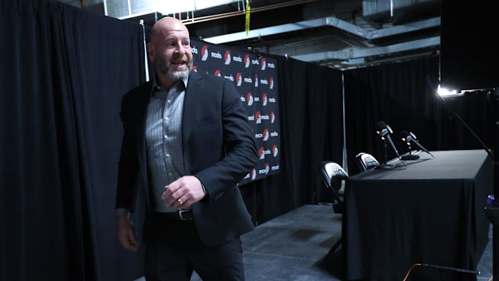 Apr 13, 2025; Portland, Oregon, USA;  Portland Trail Blazers general manager Joe Cronin departs the presser before the Trail Blazers play Los Angeles Lakers at Moda Center. Mandatory Credit: Jaime Valdez-Imagn Images