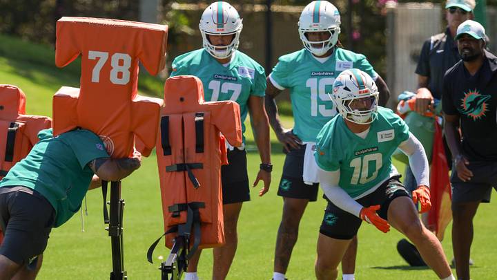 Miami Dolphins inside linebacker Jacob Rodriguez (10) works during rookie minicamp at Baptist Health Training Complex.