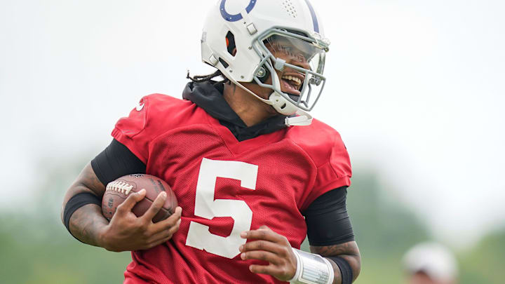 Indianapolis Colts quarterback Anthony Richardson (5) runs drills Wednesday, June 5, 2024, during practice at the Colts Practice Facility in Indianapolis.