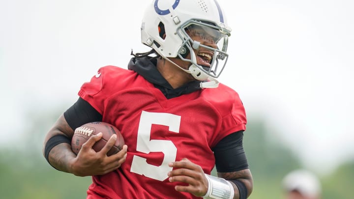 Indianapolis Colts quarterback Anthony Richardson (5) runs drills Wednesday, June 5, 2024, during practice at the Colts Practice Facility in Indianapolis.