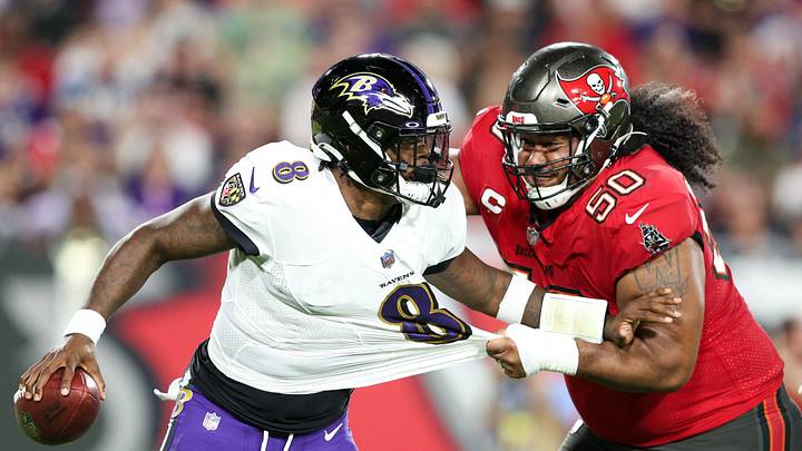 Oct 27, 2022; Tampa, Florida, USA; Baltimore Ravens quarterback Lamar Jackson (8) is sacked by Tampa Bay Buccaneers defensive tackle Vita Vea (50) in the first quarter at Raymond James Stadium. Mandatory Credit: Nathan Ray Seebeck-USA TODAY Sports Oct 27, 2022; Tampa, Florida, USA; Baltimore Ravens quarterback Lamar Jackson (8) is sacked by Tampa Bay Buccaneers defensive tackle Vita Vea (50) in the first quarter at Raymond James Stadium. Mandatory Credit: Nathan Ray Seebeck-USA TODAY Sports